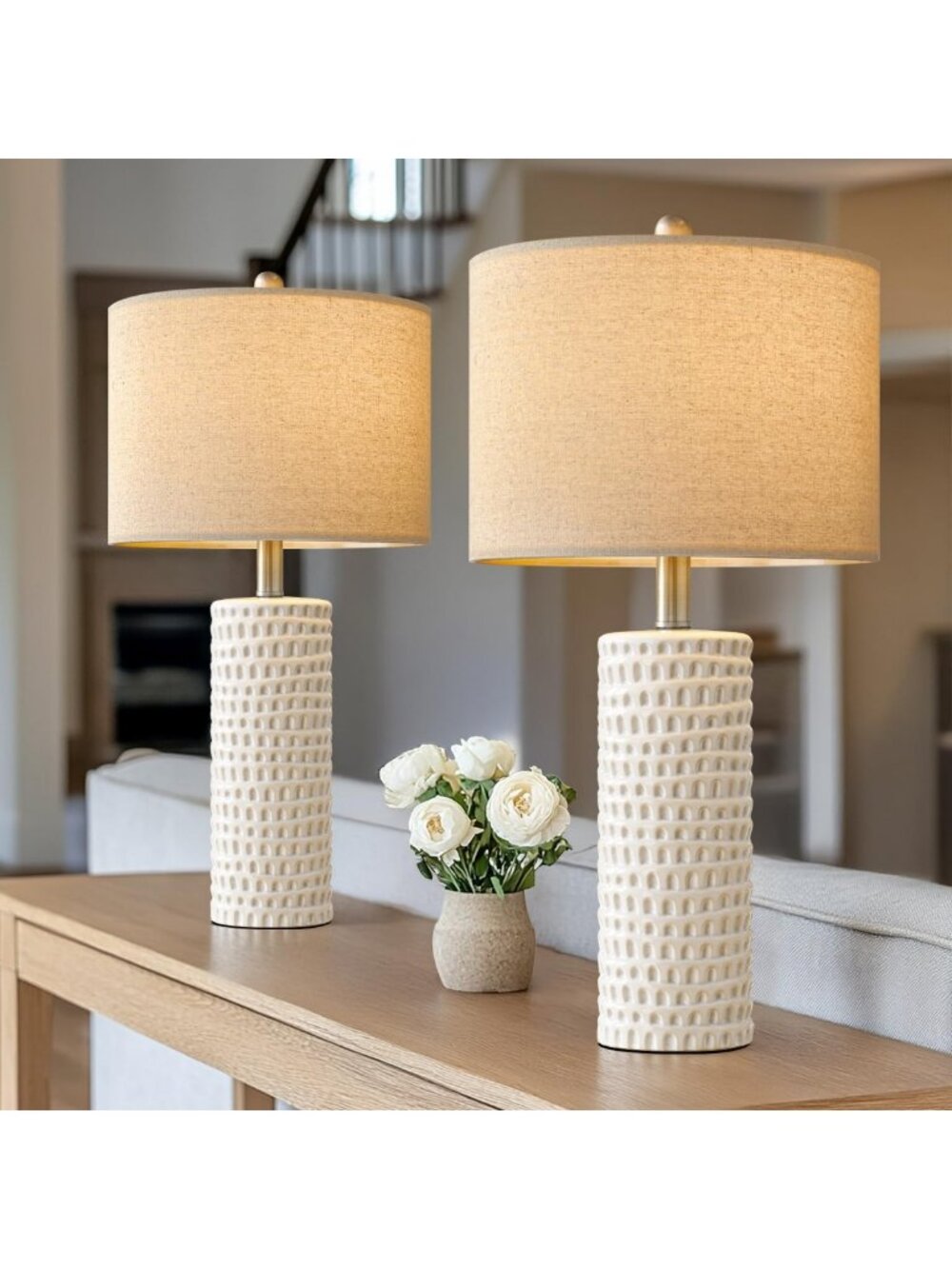 Set of 2 Modern 24" White Ceramic Table Lamps for Bedroom, Living Room & Office